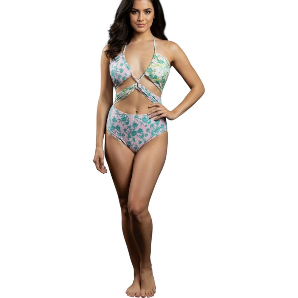 NWT Forever 21 Bikini Set 1X Plus Pink Teal Plunge Halter High Waist Swimwear